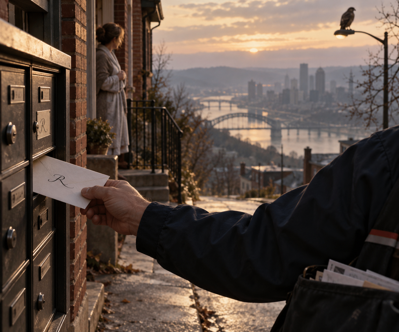 A mail carrier's hand sliding a cream envelope addressed in a flourished capital R into a bank of tarnished brass apartment boxes inside a brick vestibule at sunrise, a woman in a robe watching from the porch above, a hawk on a streetlight, and the rivers and bridges of the city spread out below the hill
