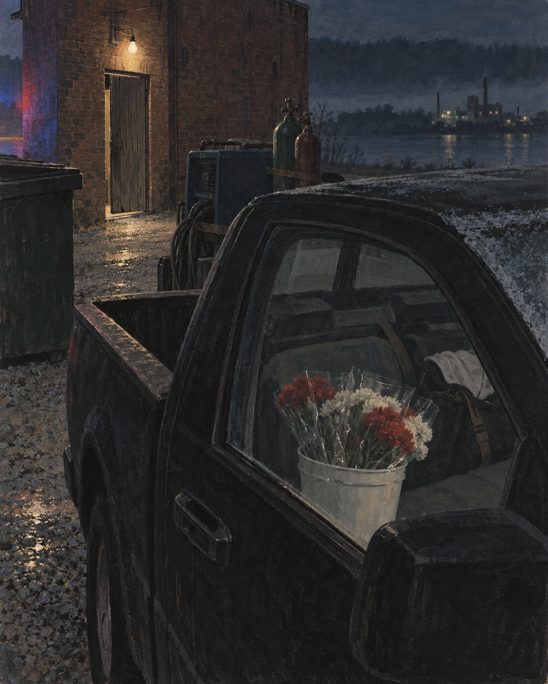 A black pickup parked on wet gravel in the alley behind a brick bar at night, a bucket of red and white carnations on the seat beside a duffel bag with a folded white gi on it, a welding rig and its gas cylinders standing behind the cab, a bare bulb burning over the swollen alley door, red and blue light washing the brick at the far corner, and a lit mill on the far bank of a black river