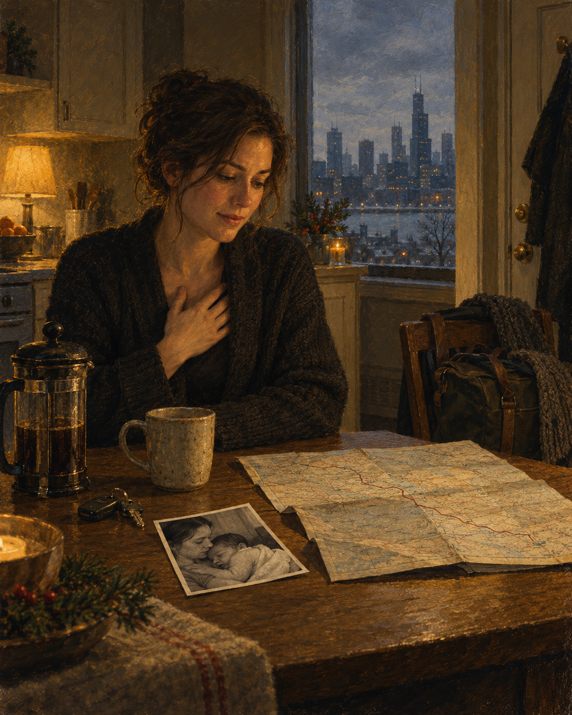 A woman in a dark cardigan at a kitchen table on a winter evening with one hand flat on her chest, a black-and-white photograph of a mother asleep with a newborn lying in front of her beside a folded road map with a red route drawn across it, car keys and a French press and a speckled mug by the lamp, a packed bag and scarf on the chair behind her, and the window beyond full of the Chicago skyline over the lake in the last blue light