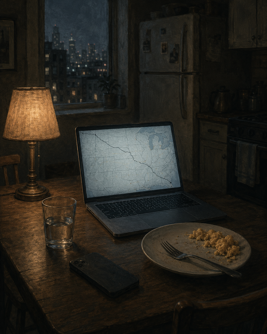 A laptop open on a kitchen table at night, its screen showing a map of the middle of the country with a route traced southeast, beside a half-eaten plate of eggs, a phone face-down, and a lamp lit against a dark city window