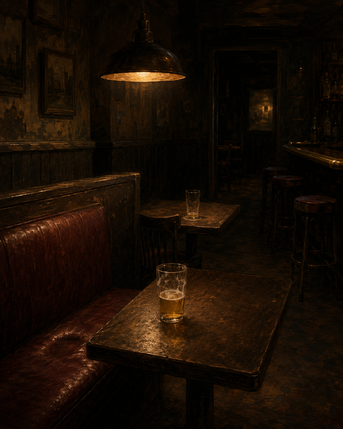 The dim interior of an old corner bar at night: a worn red leather booth with a low place pressed into the seat, a scarred wooden table holding a single half-full glass of beer under a low hanging lamp, and the rail with its empty stools receding into the dark beyond