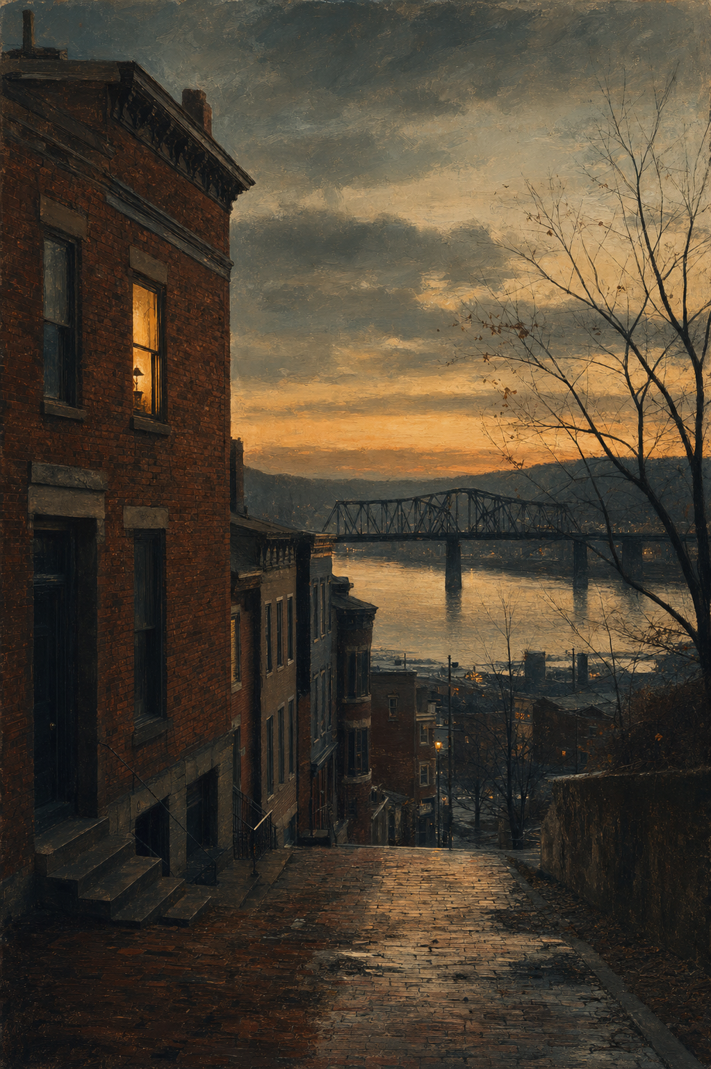 In Both Hands — a lit window above a rain-wet brick street descending to the river at autumn dusk