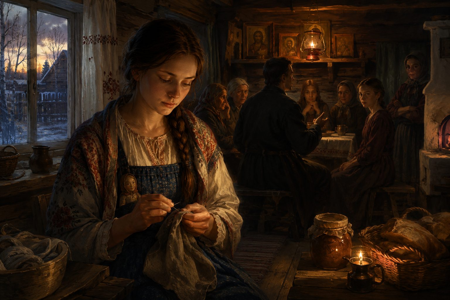 By candlelight in a wooden izba, Vasilisa sits mending cloth with a small carved doll tucked into her apron; behind her a suitor in a dark coat speaks at a table where village women watch, an icon corner with a lit lampada glows above, the stove burns to the right, and winter dusk shows through the frosted window.