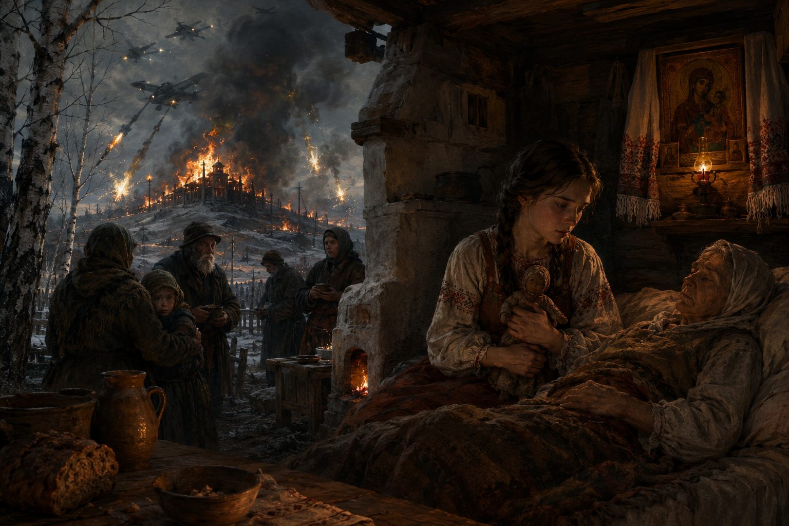 By night in a scarred wooden izba, Vasilisa sits at her mother's bedside holding the small carved doll while a lampada burns beneath an icon of the Mother of God; through the broken wall, neighbours stand in the snow with cups in their hands as the High Place burns on the hill behind them and iron birds cross the smoke-dark sky.