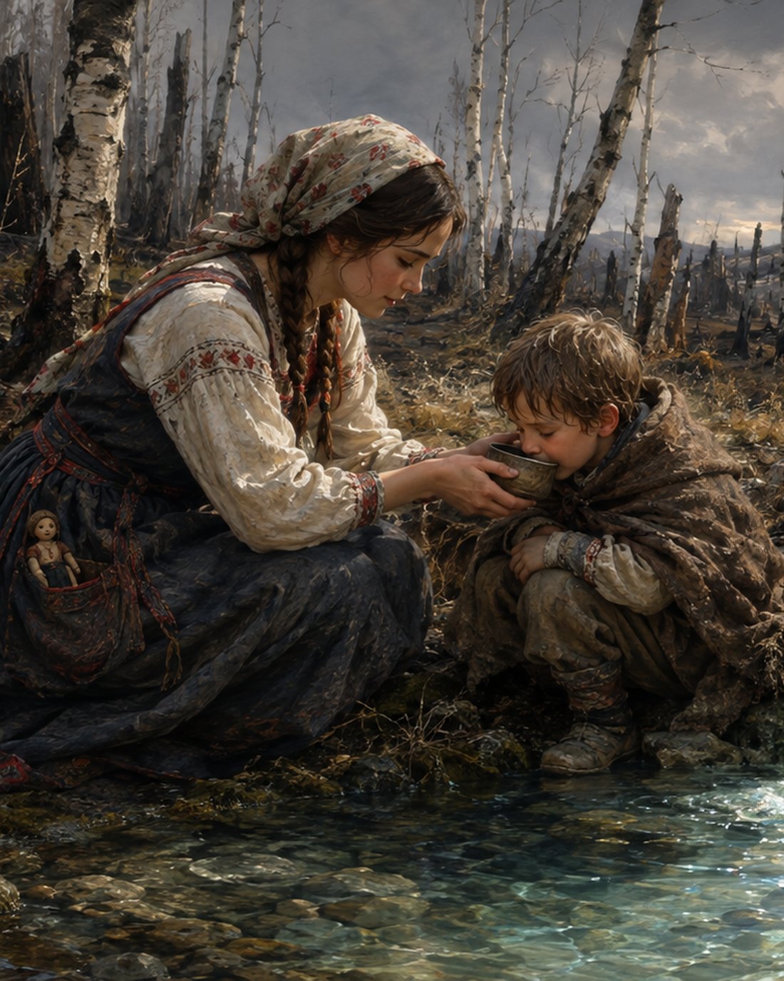 In a burned birch grove under a low grey sky, Vasilisa kneels in an embroidered sarafan and headscarf, holding a small cup to the lips of a ragged boy wrapped in a blanket; the little carved doll rides in her apron pocket, a clear spring runs over stones in the foreground, and behind them the scorched land rises to a ruin on the hill with figures on the road.