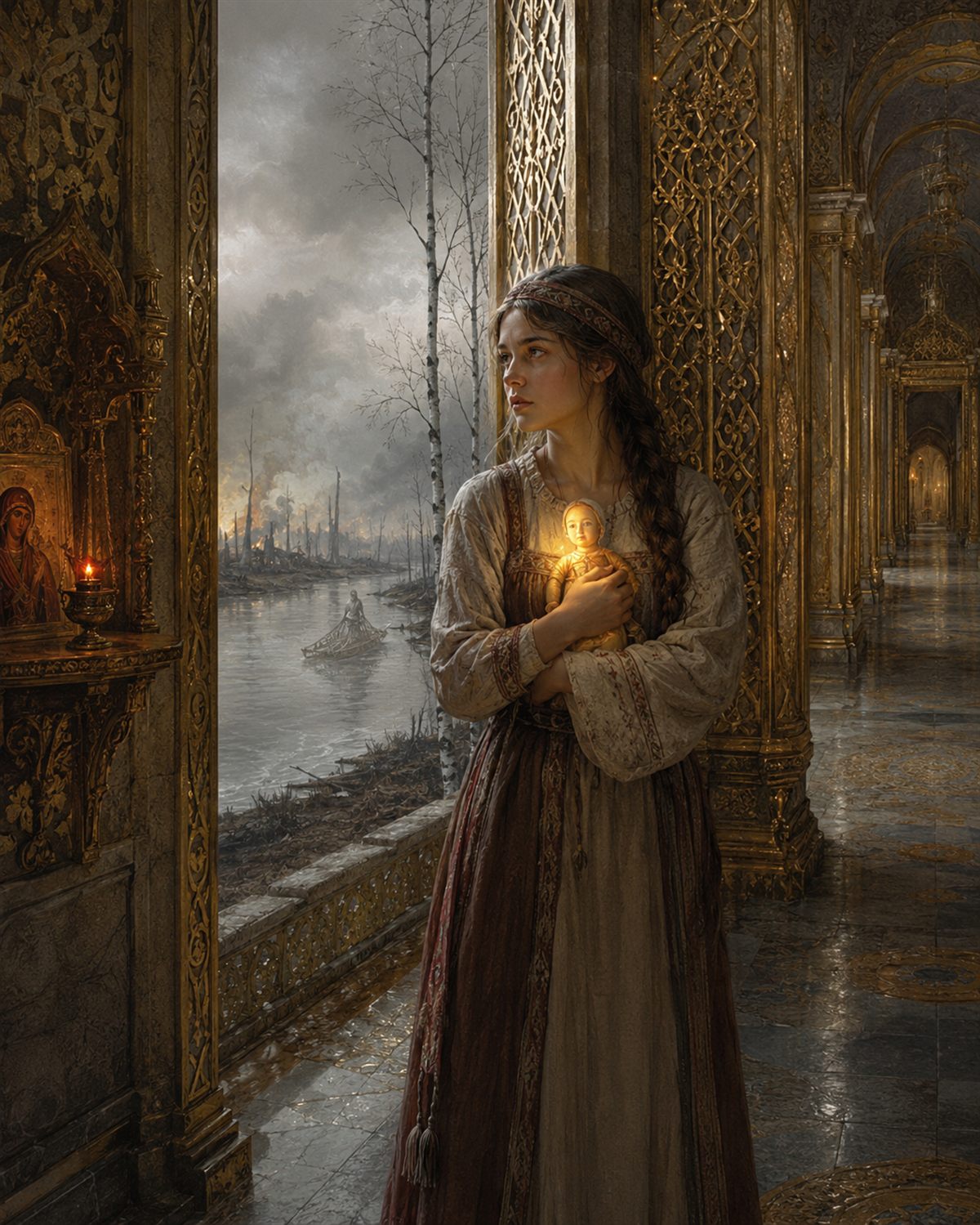 In a gilded palace corridor of gold and marble, Vasilisa stands in a plain embroidered sarafan holding a small glowing wooden doll against her heart; a lampada burns beside an icon of the Mother of God in a shelf-sized corner to her left, and through the golden window screen a wide gray river runs beneath birches with a raft on the water and the far shore burning under a low sky.
