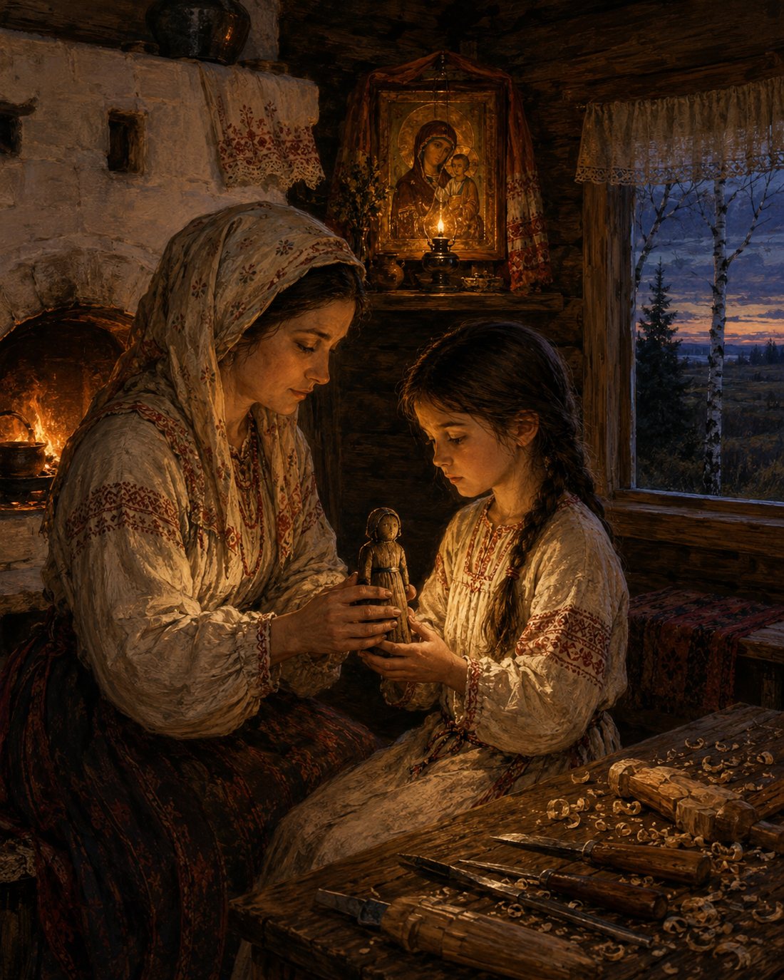 By firelight in a wooden izba, a mother in an embroidered headscarf places a small carved doll into her daughter's hands; above them an icon of the Mother of God glows beside a lit lampada, carving tools and wood shavings lie on the table, and birches and the steppe show through the window at dusk.